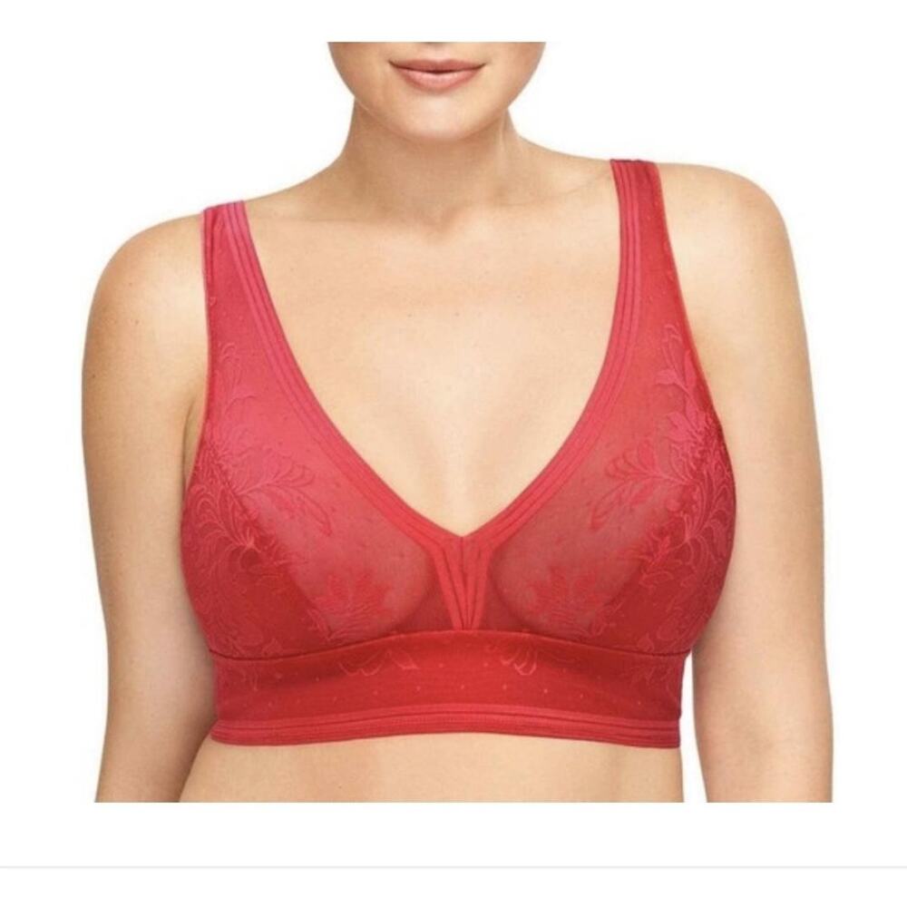 Wacoal Bralette Womens 36 Large Red Lace Mesh Wire Free Sheer Floral 810340 Sexy